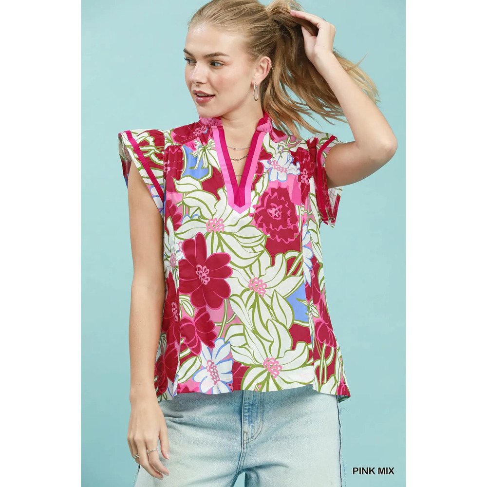 Umgee Bold Floral Flutter Sleeve Top